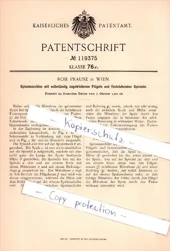 Original Patent - Rob. Prause in Wien , 1900 , Spinnmaschine , Spinnerei !!!