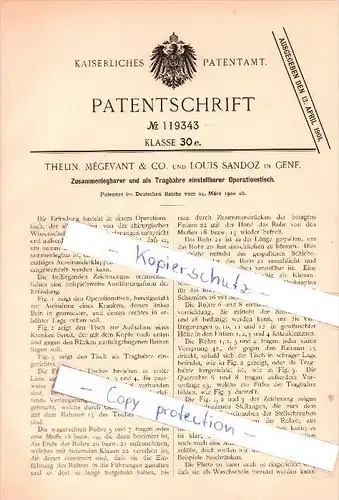 Original Patent - Thelin, Megevant & Co. und Louis Sandoz in Genf , 1900 , einstellbarer Operationstisch , Arzt , Klinik