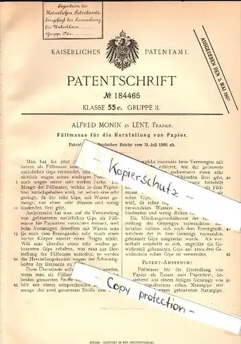 Original Patent - Alfred Monin à Lent , Jura , 1906 , Masse de remplissage pour la production de papier !!!