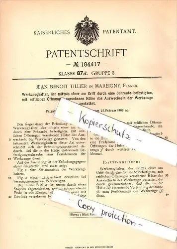 Original Patent - Jean Benoit Tillier à Mareigny , 1906 , porte-outils !!!