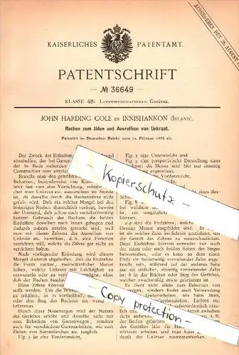 Original Patent - John Harding Cole in Innishannon , Ireland , 1886 , Rake for weeding , Cork - Bandon road !!!