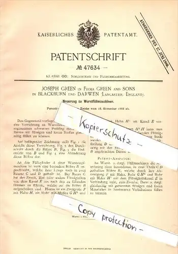 Original Patent - Green and Sons in Blackburn und Darwen , 1888 , sausage machine , butcher !!!