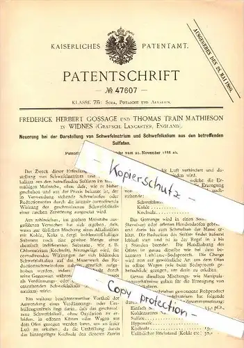 Original Patent - F.H. Gossage and Th. Mathieson in Widnes , 1888 , Representation of sodium sulphide , Lancaster !!!