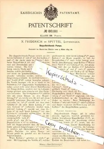 Original Patent - N. Friderich à Spittel / Spitel , Lothringen , 1895 , pompe à double effet !!!