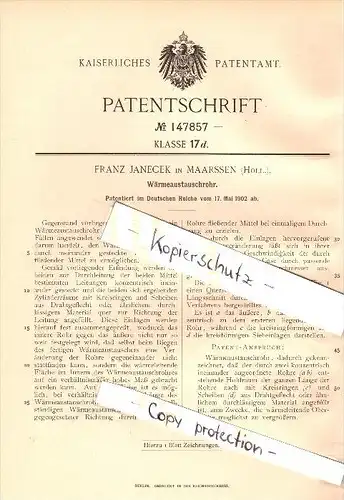 Original Patent - Franz Janecek in Maarssen , Holland , 1902 , Wärmetauschrohr , Stichtse Vecht !!!