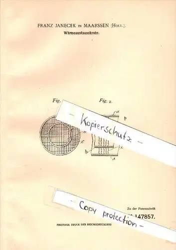 Original Patent - Franz Janecek in Maarssen , Holland , 1902 , Wärmetauschrohr , Stichtse Vecht !!!