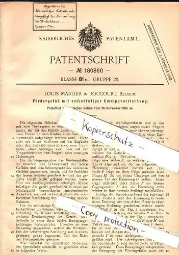Original Patent - Louis Marlier in Roucourt , Belgien , 1905 , Fördergefäß mit Umkippvorrichtung , Péruwelz !!!