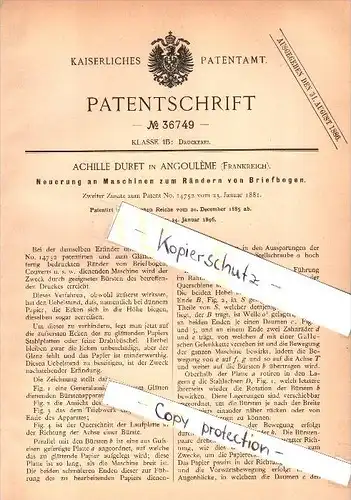 Original Patent - Achille Duret à Angouleme , 1885 , Machine pour le papier à lettre, d'impression !!!