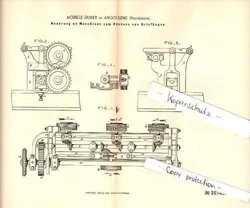 Original Patent - Achille Duret à Angouleme , 1885 , Machine pour le papier à lettre, d'impression !!!