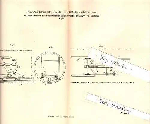 Original Patent - Theodor Ritter von Grasern in Krems , Niederösterreich , 1885, Stollenbohrmaschine für Wagen , Bergbau
