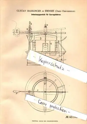 Original Patent - Gustav Hasslinger in Ebensee , Oberösterreich , 1887 , Belastungsgewicht für Gasregulatoren , Gas !!!