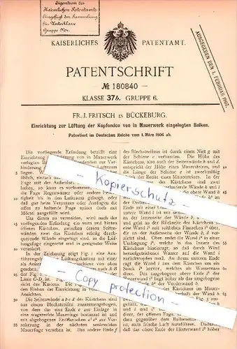 Original Patent - Fr. J. Fritsch in Bückeburg , 1906 , Lüftung von Balken im Mauerwerk , Architektur , Maurer , Bau !!!