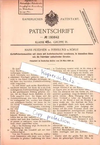 Original Patent - Hans Petersen in Iverslund b. Sörup , 1906 , Kartoffelerntemaschine mit Elevator , Agrar !!!