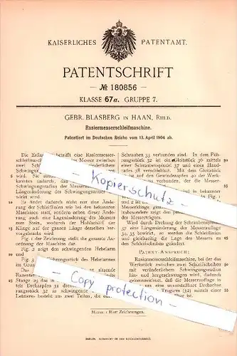 Original Patent - Gebr. Blasberg in Haan b. Mettman  , 1904 , Rasiermesser - Schleifmaschine !!!