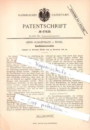 Original Patent - Heinr. Schoppmann in Eickel b. Herne , 1888 , Spundbüchsenverschluß , Brauerei , Wanne-Eickel !!!