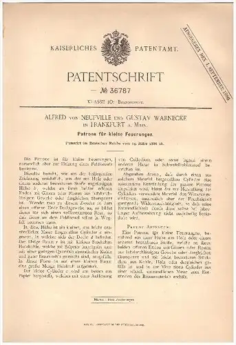 Original Patent - Alfred von Neufville und Gusav Warnecke in Frankfurt  , 1886 , Brennstoffe!!!