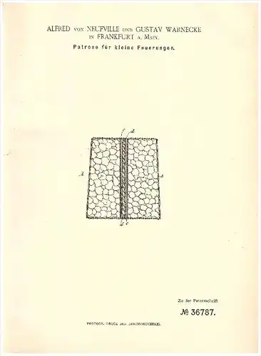 Original Patent - Alfred von Neufville und Gusav Warnecke in Frankfurt  , 1886 , Brennstoffe!!!