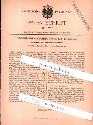 Original Patent - F. Bernhardt in Fischendorf bei Leisnig , 1886 , Kurbelwalke mit verstellbaren Hämmern!!!