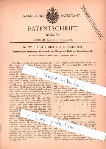 Original Patent - Dr. Wilhelm Kubel in Holzminden , 1885 , Farbstoffe, Firnisse, Lacke!!!