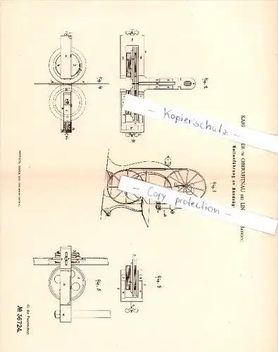 Original Patent - Karl Oerter in Oberreitnau bei Lindau , 1886 , Rollenführung an Bandsägen , Sägewerk , Tischlerei !!!