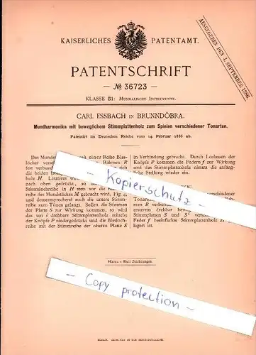 Original Patent - Carl Essbach in Brunndöbra , 1886 , Mundharmonika , Musik , Musikinstrumente !!!