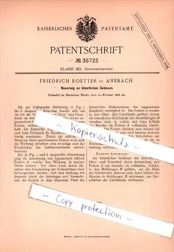 Original Patent - Friedrich Roetter in Ansbach , 1886 , Neuerung an künstlichen Gebissen , Zahnarzt , Zähne !!!