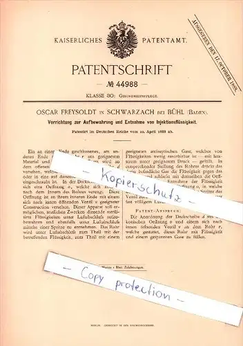 Original Patent - Oscar Freysoldt in Schwarzach b. Bühl  , 1888 , Injektion ,  Gesundheitspflege , Arzt !!!