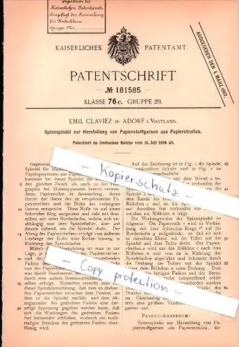 Original Patent - Emil Claviez in Adorf i.V.  , 1904 , Herstellung von Papierstoffgarnen , Papier !!!