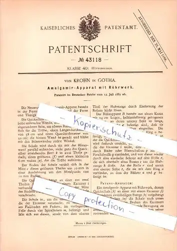 Original Patent - von Krohn in Gotha , 1887 , Amalgamir - Apparat mit Rührwerk!!!