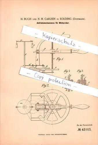 Original Patent - H. Buch und N. M. Carlsen in Kolding  , 1887 ,  Antriebsmechanismus für Milchprober!!!