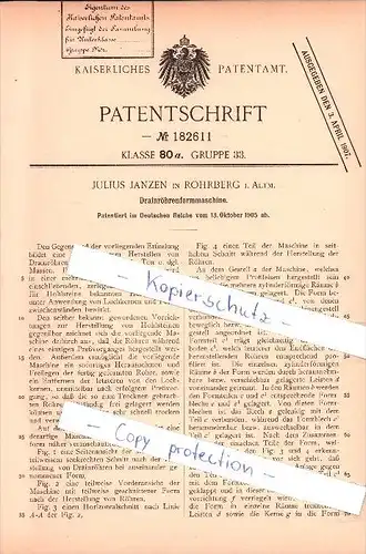 Original Patent - Julius Janzen in Rohrberg i. Altmark , 1905 ,  Drainröhrenformmaschine , Abwasser , Entwässerung !! !