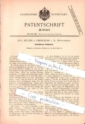 Original Patent - Aug. Müller in Oberndorf a.N. , 1897 , Einstellbares Kopfpolster !!!