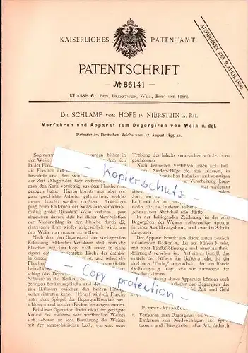 Original Patent - Dr. Schlamp von Hofe in Nierstein , 1895 , Apparat zum Degorgiren von Wein  !!!