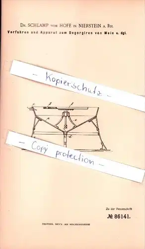Original Patent - Dr. Schlamp von Hofe in Nierstein , 1895 , Apparat zum Degorgiren von Wein  !!!