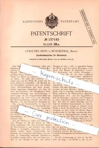Original Patent - Gebrüder Kern in Bühlertal, Baden , 1901 , Zuschneidmaschine für Kistenteile !!!