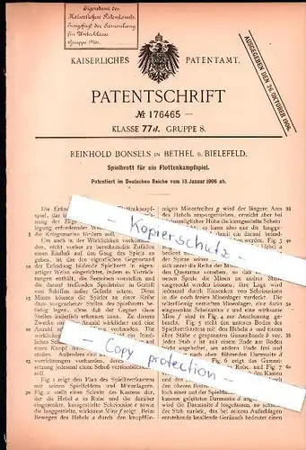 Original Patent - Reinhold Bonsels in Bethel b. Bielefeld , 1906 , Spielbrett für  Flottenkampfspiel , Spielzeug !!!