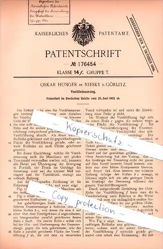 Original Patent - Oskar Hunger in Niesky b. Görlitz , 1902 , Ventilsteuerung , Motorenbau , Motoren !!!