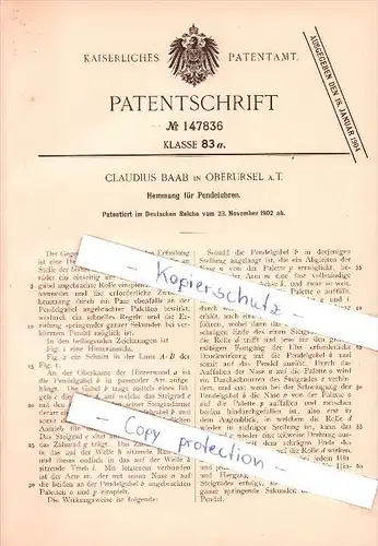 Original Patent - Claudius Baab in Oberursel a. T. , 1902 , Hemmung von Pendeluhren , Uhren , Uhrmacher !!!