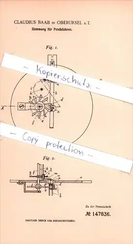 Original Patent - Claudius Baab in Oberursel a. T. , 1902 , Hemmung von Pendeluhren , Uhren , Uhrmacher !!!
