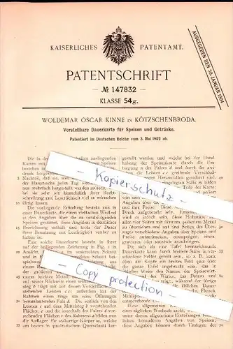 Original Patent - W. Oscar Kinne in Kötzschenbroda , 1902 , Verstellbare Dauerkarte für Speisen , Speisekarte !!!