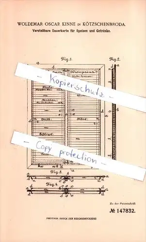 Original Patent - W. Oscar Kinne in Kötzschenbroda , 1902 , Verstellbare Dauerkarte für Speisen , Speisekarte !!!