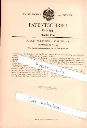 Original Patent - Rudolf Auerbach in Saalfeld a. S. , 1903 , Harnbecken für Frauen , Harn , Frauenarzt !!!