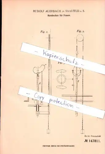 Original Patent - Rudolf Auerbach in Saalfeld a. S. , 1903 , Harnbecken für Frauen , Harn , Frauenarzt !!!