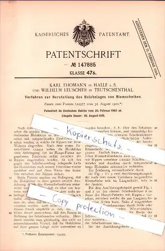Original Patent - Karl Thomann in Halle a. S. und W. Leuscher in Teutschenthal , 1903 , Holzverarbeitung , Holz !!!