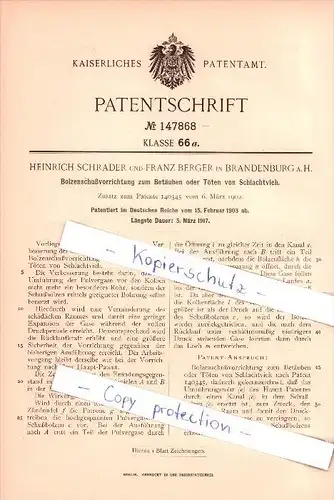 Original Patent - Heinrich Schrader und F. Berger in Brandenburg a.H. , 1903 , Bolzenschußvorrichtung , Schlachthof !!!