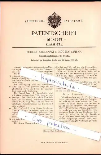 Original Patent - Rudolf Radlanski in Mügeln b. Pirna , 1902 , Schneidenauhängung für Pendel !!!
