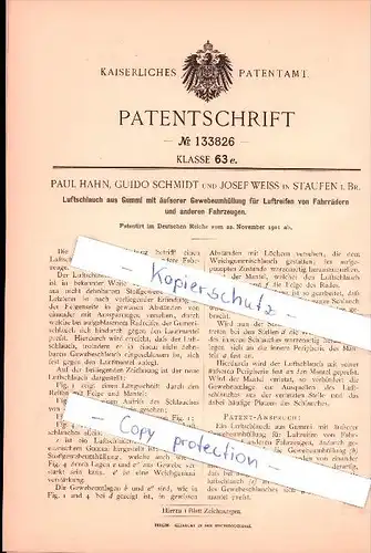 Original Patent - P. Hahn, G. Schmidt und J. Weiss in Staufen i. Breisgau , 1901 , Luftschlauch aus Gummi !!!