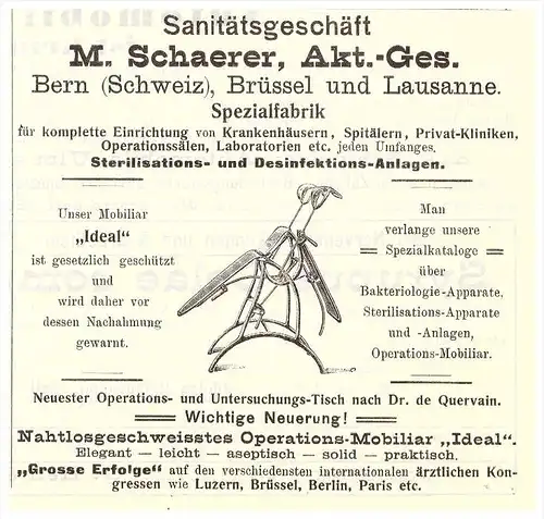 original Werbung - 1905- Sanitätsgeschäft Schaerer in Bern ,Geräte zu Operation , Krankenhaus , Klinik , Arzt , Apotheke