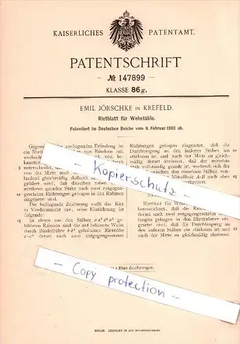 Original Patent - Emil Jörschke in Krefeld , 1902 , Rietblatt für Webstühle , Weberei , Weber !!!