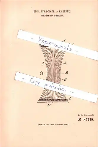 Original Patent - Emil Jörschke in Krefeld , 1902 , Rietblatt für Webstühle , Weberei , Weber !!!